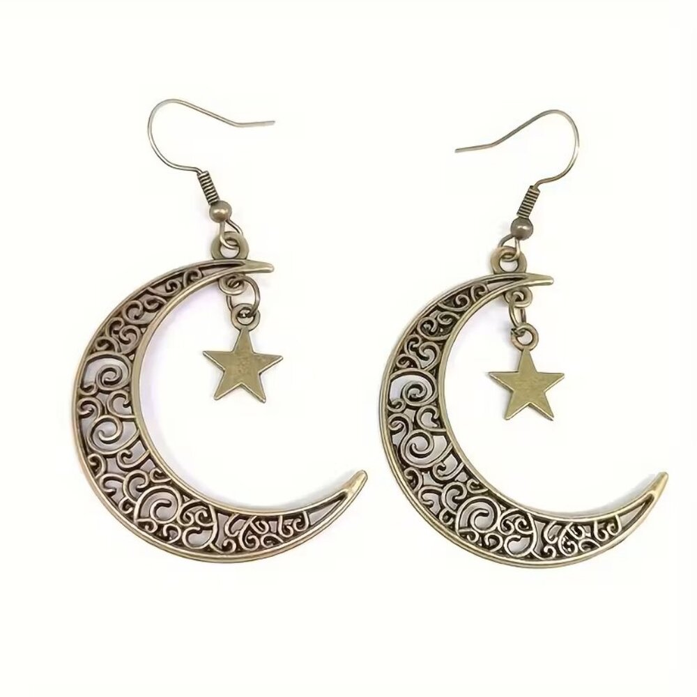 Bronze Cresent Moon & Stars Dangle Earrings Z111